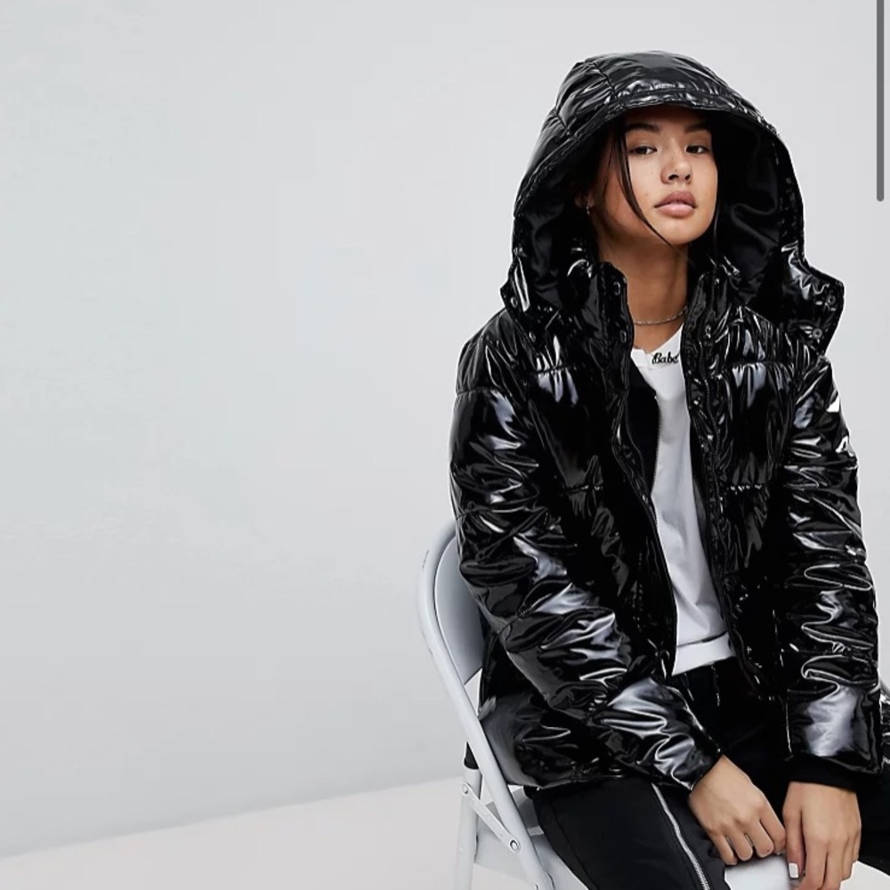Noisy May Black Vinyl Hooded Puffer Jacket
